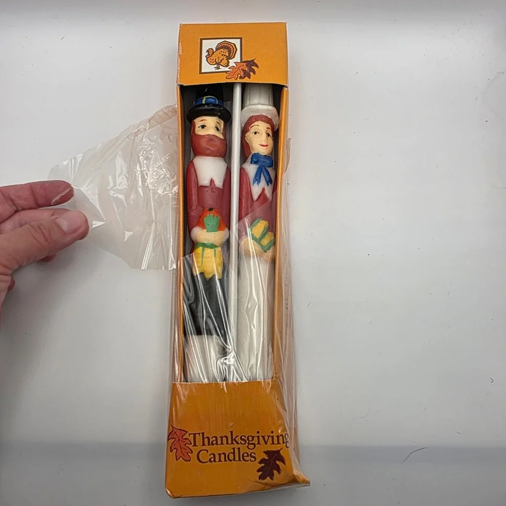 Vintage Thanksgiving Pilgrim Taper Candles Set Hand Painted Fall Decor Retro